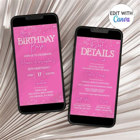 Electronic Hot Pink Birthday Bash Animated Invite Template Editable Neon Pink Confetti Digital