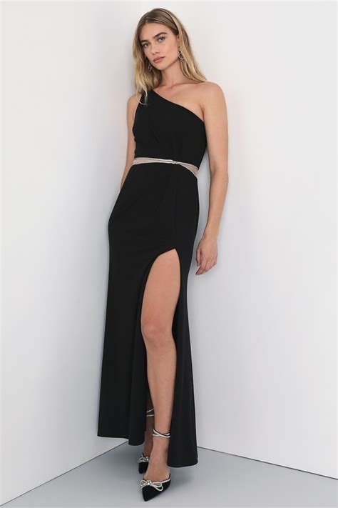 Glam Black Maxi Dress One Shoulder Dress Rhinestone Dress Lulus