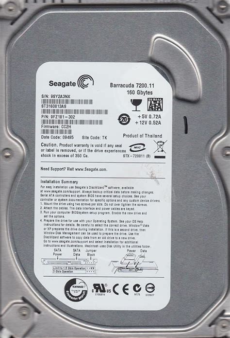 ST3160813AS, 9SY, TK, PN 9FZ181-302, FW CC2H, Seagate 160GB SATA 3.5 ...