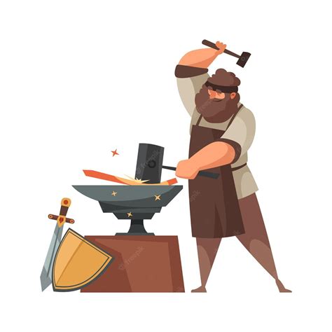 Free Vector Medieval Blacksmith Making Swords And Shields On Anvil