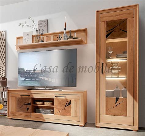 Massivholz Wohnwand 220x201x46cm RUSTIC Kernbuche geölt Hirnholz Casa