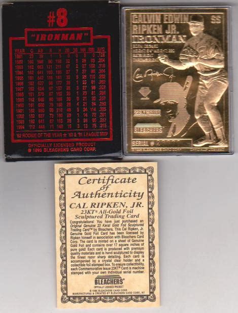 23 Kt Gold CAL RIPKEN JR 1995 Bleachers 23kt Gold Card In Box W COA