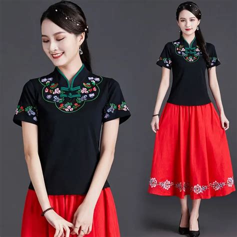 Chinese Style Clothing Women Vintage Floral Print Qipao Tops Hanfu Tee