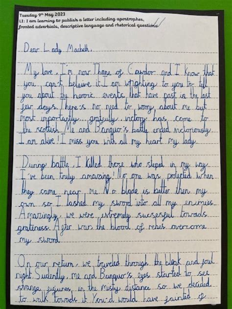 Letter To Lady Macbeth Tudor Grange Primary Academy St James