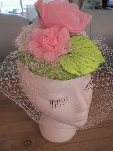 Pink And Green Fascinator Hat Womens Veil Flower Etsy