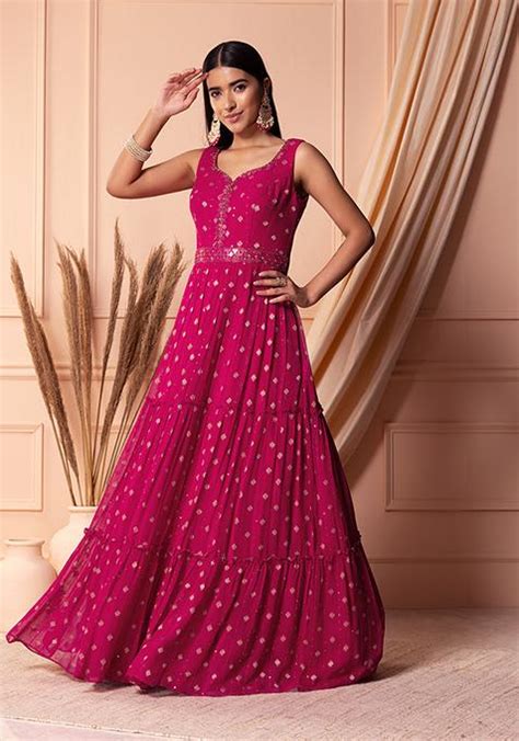 Buy Women Hot Pink Sequin Embroidered Tiered Anarkali Gown Reds