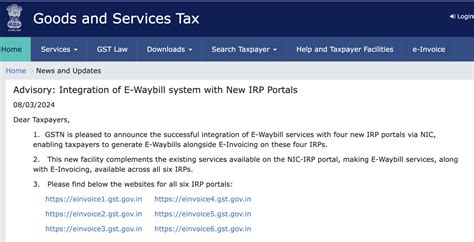 GSTN Integration Of E Waybill System With New IRP Portals