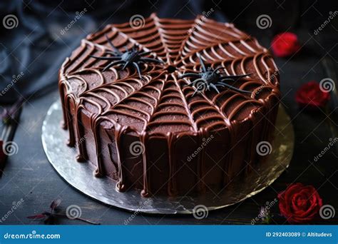 Close Up Of A Homemade Chocolate Spider Web Cake Stock Image Image Of