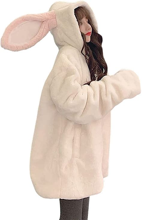 Girls Women Kawaii Bunny Ear Hoodie Top Long Sleeve Fuzzy Fluffy Rabbit