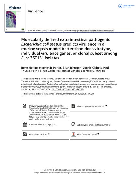 Pdf Molecularly Defined Extraintestinal Pathogenic Escherichia Coli Status Predicts Virulence