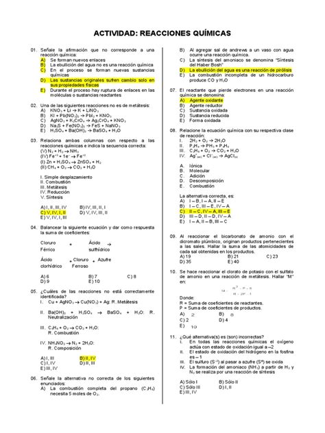 Actividad Reacciones Químicas Pdf Redox Reacciones Químicas