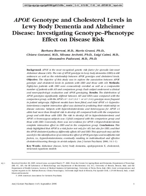 Pdf Apoe Genotype And Cholesterol Levels In Lewy Body Dementia And