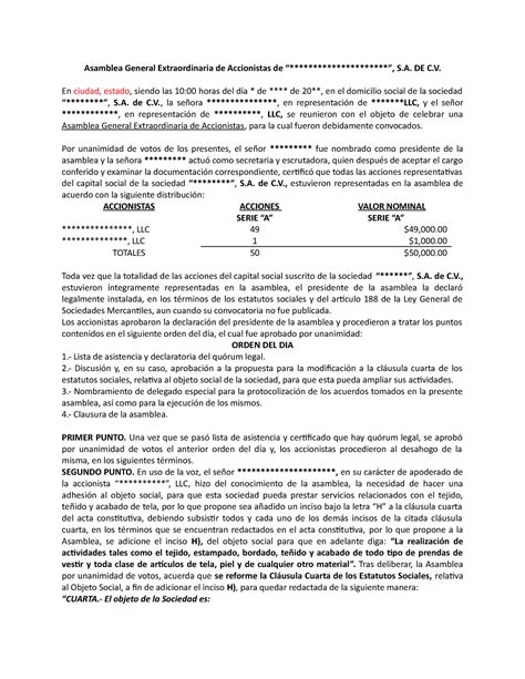 Acta De Asamblea De Sa Modificaci N Al Objeto Social Asamblea