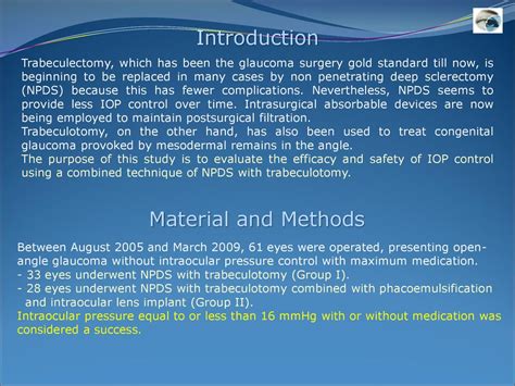 Non Penetrating Deep Sclerectomy And Trabeculotomy For Glaucoma Ppt