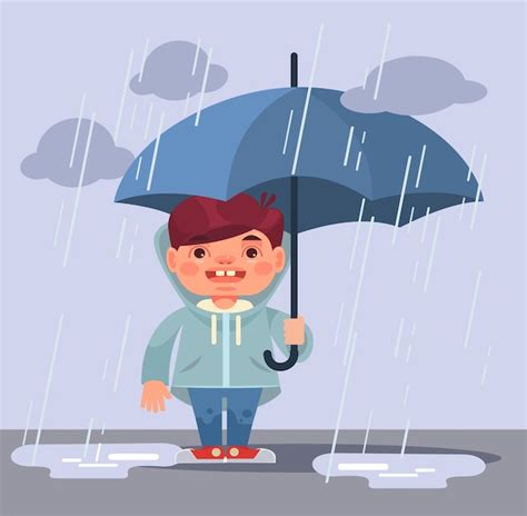 Personaje De Niño Bajo La Lluvia Vector Premium