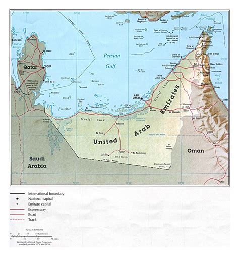 Detailed political map of UAE with relief, roads and cities - 1993 ...