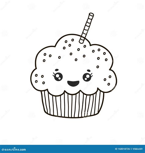 Kawaii Cupcake. Vector Illustration of a Cupcake, Cake. Linear Illustration of a Cupcake ...