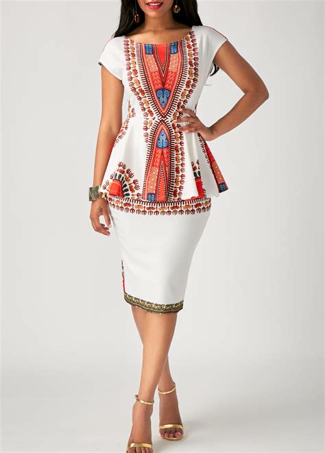 Printed White Peplum Waist Sheath Dress Usd 3308