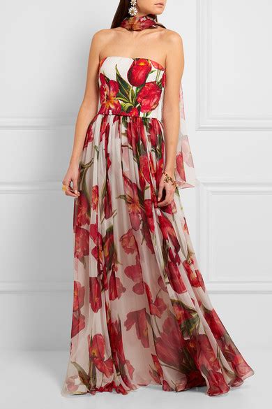 Dolce And Gabbana Floral Print Silk Blend Matelassé And Chiffon Gown