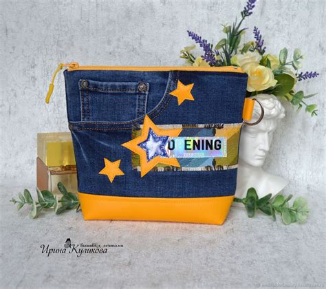 Косметичка большая из денима и эко кожи "Yellow star" купить в интернет ...