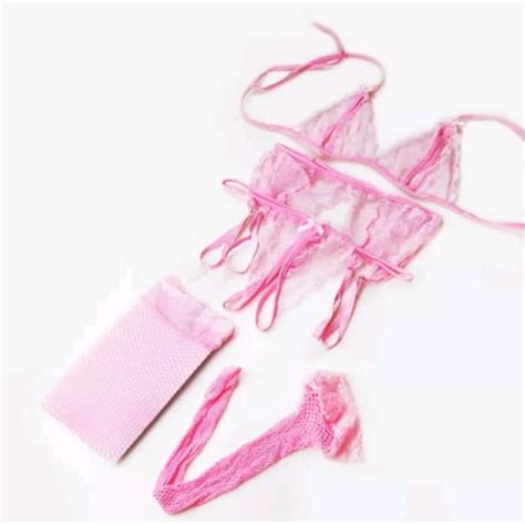 Jual K211074 Sexy Lingerie Bra Set Pink Garter Dan Stocking Jaring Full