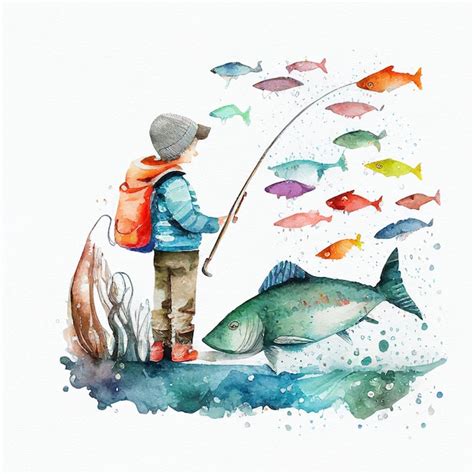 Premium AI Image | A watercolor painting of a boy fishing with a fish