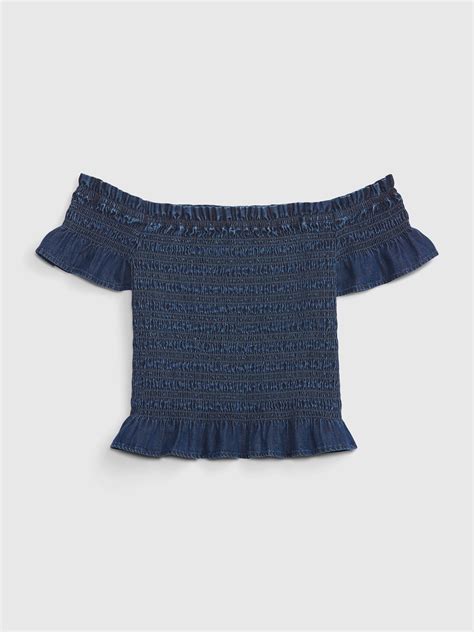 Cropped Ruffle Sleeve Denim Smocked Peplum Top With Washwell Gap