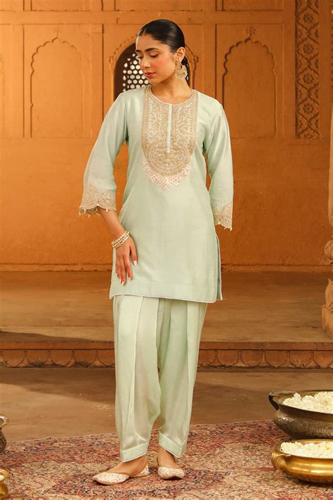 Buy Green Kurta Silk Chanderi Placement Embroidery Arisa With Salwar