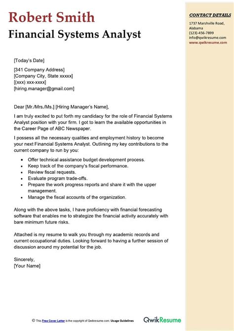 Financial Systems Analyst Cover Letter Examples Qwikresume