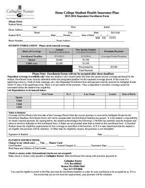 Fillable Online Siena College Dependent Enrollment Form Pdf