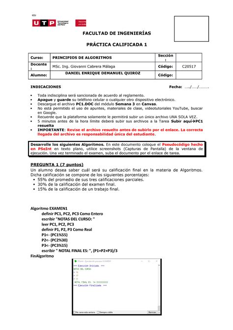 Examen Algoridmo Facultad De Ingenier As Pr Ctica Calificada Curso