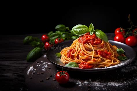 Traditional Italian Pasta Spaghetti With Tomato Sauce Served On Black