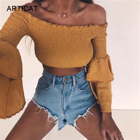 Articat Off Shoulder Sexy T Shirt Women Soild Cropped Top Slash Neck