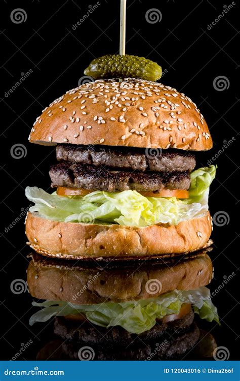 Fresh Tasty Naked Burger With Reflection Isolated On Black Background