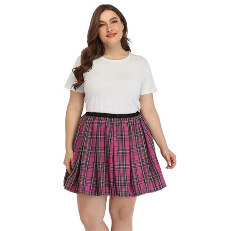 Hde Plus Size Plaid Skirt Lingerie Pleated Mini Skater Skirts Pink