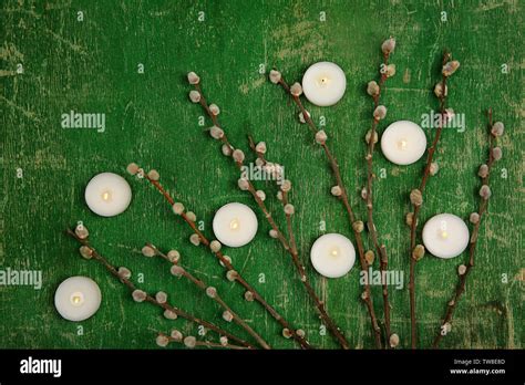 Beautiful Composition With Pussy Willow Branches And Burning Candles On Wooden Background Stock