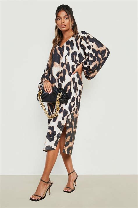 Leopard Print Puff Sleeve Midi Dress Boohoo Uk