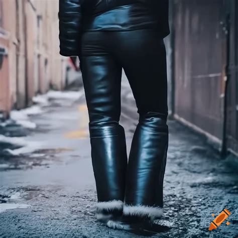 Photo Of A Person Wearing A Black Sheepskin Jacket And Trousers On Craiyon