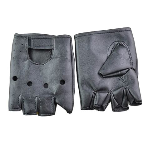 1pair Man Fashion Pu Leather Black Half Finger Gloves Cool Heart Hollow