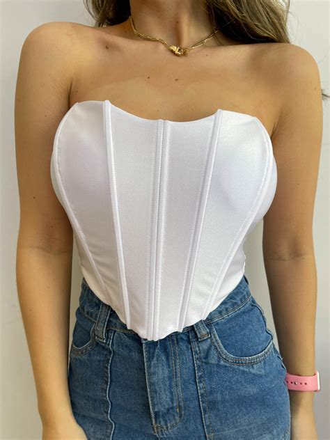 Cropped Corselet Tomara Que Caia Vincos Cirre Branco Lavinny Store