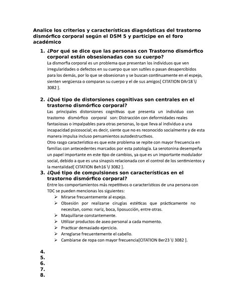 Analice Los Criterios Y Caracter Sticas Diagn Sticas Del Trastorno