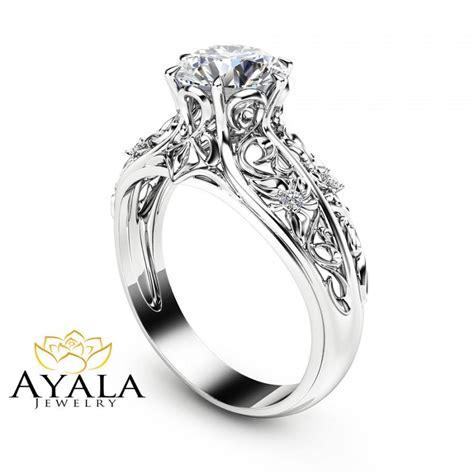 Unique Engagement Ring 14K White Gold Diamond Ring Filigree Design ...