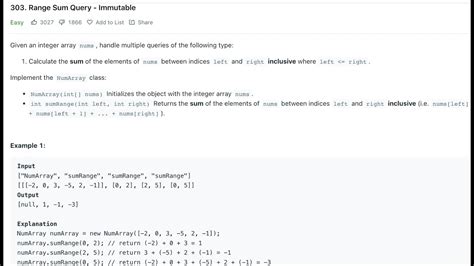 Leetcode 303 Range Sum Query Immutable YouTube