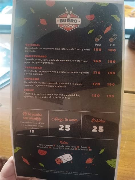 Carta del restaurante Burro Prime, Hermosillo