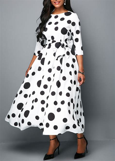 Three Quarter Sleeve Polka Dot Belted Midi Dress Usd