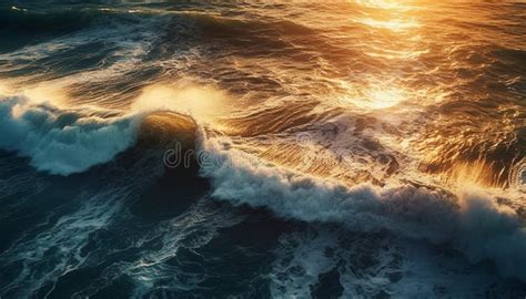 Sunset Surf Splashing On Liquid Waters Edge Reflecting Beauty In