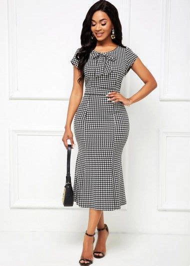 Rotita Bowknot Detail Houndstooth Print Mermaid Dress Womens Fashion