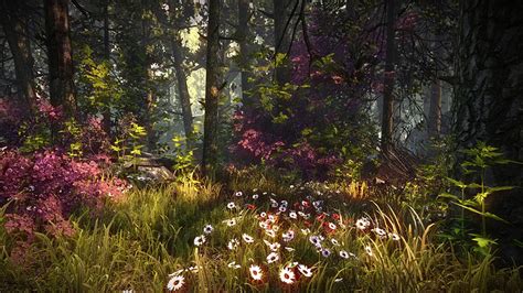 Witcher 2 Dragon Garden Concept Art Tree Trunk Forest Flowers