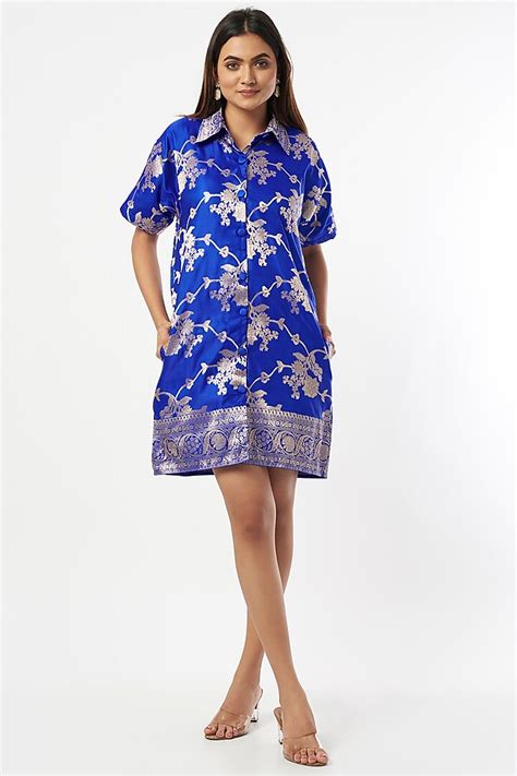 Cobalt Blue Silk Zari Shirt Dress Design By Shriya Singhi At Pernias