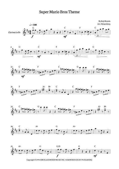 Super Mario Bros Theme Arr Heisenberg Sheet Music Koji Kondo Clarinet Solo